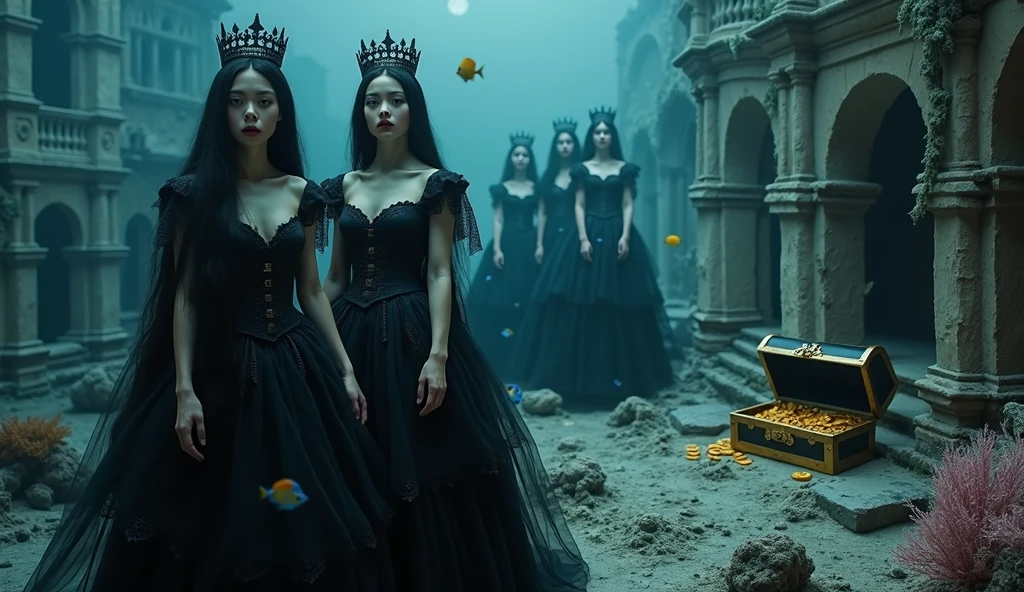 A full-body shot,(extra wide angle 16:9 ). (2 super realistic 18 y.o. gorgeous European vampire twin queens in front, dressed in a black ripped many layered medieval lace-dresses in many layered riven and flowing  with gothic garnish. Hyper-realistic blue sharp eyes 1:1, black long flowing hair with black crowns 1:1 )and (in the background 3 gorgeous queens with bright blue sharp eyes, light blonde long hair, wearing gold crowns with pink crystals and white and pale pink lace medieval dresses) all have best perfect hands, five fingers on each hand, small breasts cleavage, (hyper realistic perfect eyes 1:1). Face with Pale perfect detailed skin 1:1. Hyper detailed skin on body 1:1. Their faces have pale colored perfect detailed skin 1:1.  They are all floating in a dark deep sea above a((big medieval ballroom very old realistic 1:3) in an old gothic perished palace)) on the bottom of the sea. Night scene with only pale moonlight. On the bottom of the palace floor are pink corals. Sea moss. Bright colored blue, pink, orange, green fishes swimming around. Octopus. Treasure chest with gold coins and jewelry in it. A fantastic scene that uses 3D Surreal 3D model. (((Best eyes))) The entire setup is masterpiece 1:3 framed with the grandeur of medieval gothic style. photographed in a Canon EOS R5, 50mm Lens, F/2.8, (8K)"