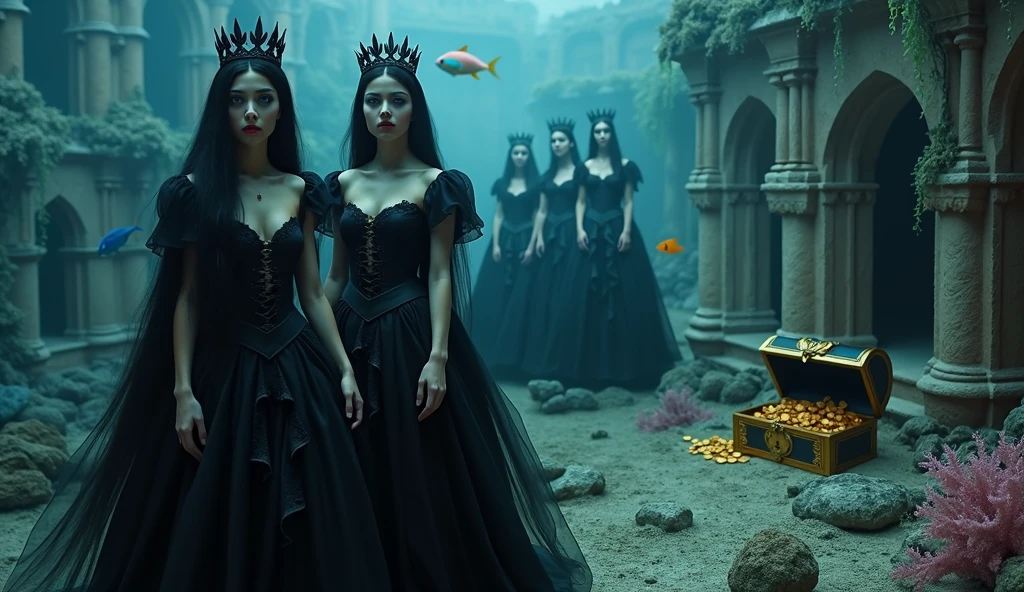 A full-body shot,(extra wide angle 16:9 ). (2 super realistic 18 y.o. gorgeous European vampire twin queens in front, dressed in a black ripped many layered medieval lace-dresses in many layered riven and flowing with gothic garnish. Hyper-realistic blue sharp eyes 1:1, black long flowing hair with black crowns 1:1 )and (in the background 3 gorgeous queens with bright blue sharp eyes, light blonde long hair, wearing gold crowns with pink crystals and white and pale pink lace medieval dresses) all have best perfect hands, five fingers on each hand, small breasts cleavage, (hyper realistic perfect eyes 1:1). Face with Pale perfect detailed skin 1:1. Hyper detailed skin on body 1:1. Their faces have pale colored perfect detailed skin 1:1. They are all floating in a dark deep sea above a((big medieval ballroom very old realistic 1:3) in an old gothic perished palace)) on the bottom of the sea. Night scene with only pale moonlight. On the bottom of the palace floor are pink corals. Sea moss. Bright colored blue, pink, orange, green fishes swimming around. Octopus. Treasure chest with gold coins and jewelry in it. A fantastic scene that uses 3D Surreal 3D model. (((Best eyes))) The entire setup is masterpiece 1:3 framed with the grandeur of medieval gothic style. photographed in a Canon EOS R5, 50mm Lens, F/2.8, (8K)"