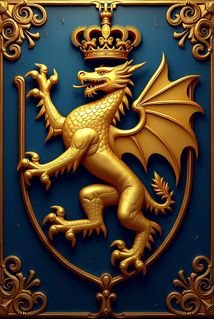 Create a medieval family coat of arms, create a golden emblem, with a golden dragon in the center, wearing a crown.