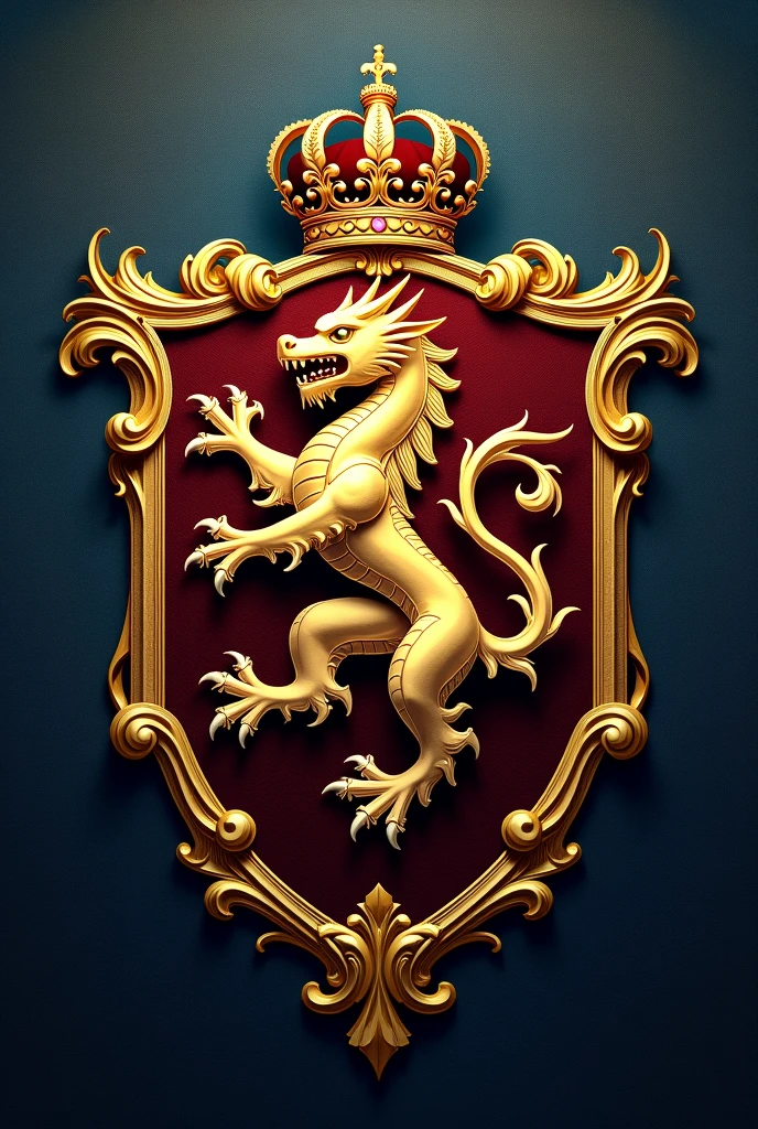 Create a medieval family coat of arms, create a golden emblem, with a golden dragon in the center, wearing a crown.