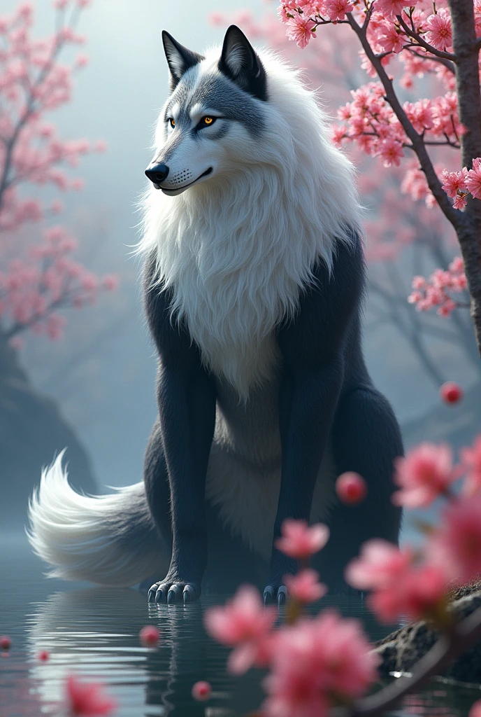 Wolf Beast , Erect penis, Long white hair , Black body , White belly , White Face , Bright cherry blossoms blooming on the lakeside , Gentle eyes gazing into the distance