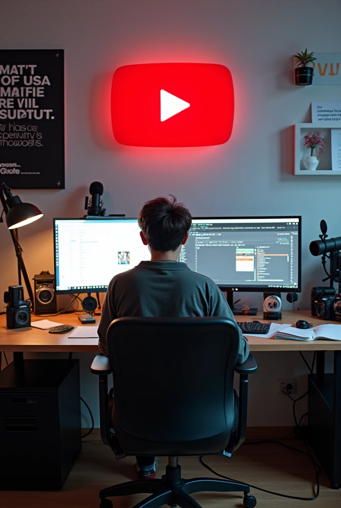 content creater in room , youtube button on the wall