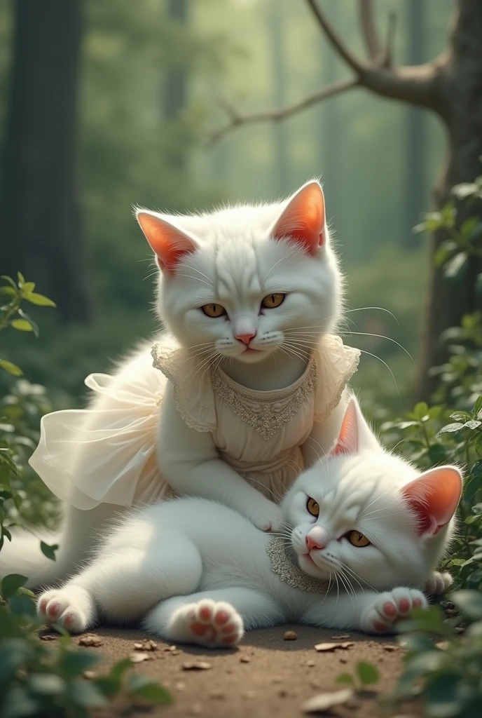 The mother cat  of the white cat and the father cat of the in dress are injured and unconscious.