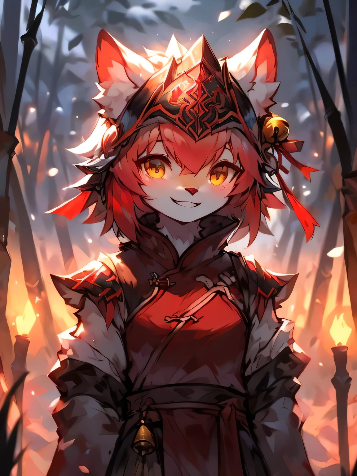 furry wolf black fur crimson pattern neck band black and gold bell winter bamboo forest traditional Chinese clothing low light night front view snow scene candied haws smile helmet armor camellia