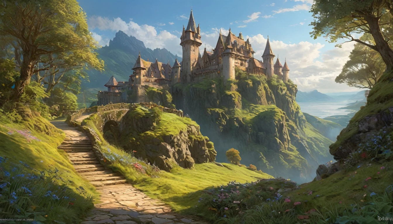 (anime, fantasy, small castle), (detailed CG unity 8k wallpaper, masterpiece, best quality, highly detailed, HDR:1.2), a small castle on the valley, detailed stone castle, stone road, heavenly atmosphere. {4k texture} {detailed landscape} {side angle shot}, colorful, intricate, ethereal lighting. From Brian Froud and Carne Griffiths and Wadim Kashin and John William Waterhouse