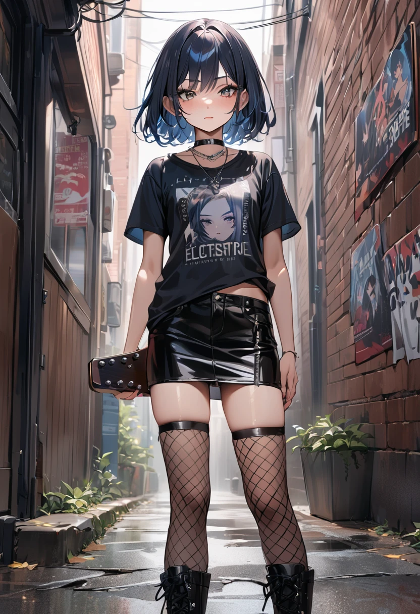 (masterpiece, best quality),A rebellious 1 Japanese girl with choppy darkblue hair and smoky eye makeup, wearing a black graphic band t-shirt with ripped details, a short black leather skirt, and black fishnet stockings. She accessorizes with a silver chain choker necklace, multiple silver rings, and black combat boots. She stands confidently with an electric guitar in hand, in front of a brick wall with band posters. Photorealistic,with a vignette effect. BREAK (girl,tween,detailed face,(wavy-short hair),eyebrows,middle small breasts),