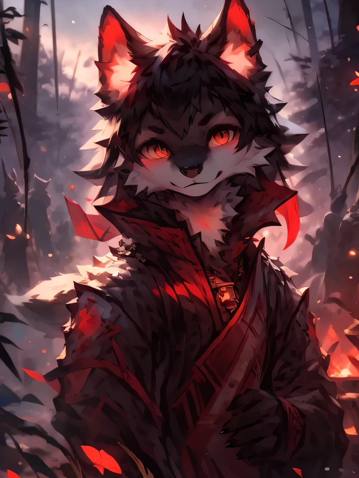 A detailed, high-quality Stable Diffusion prompt for the given theme would be: furry wolf, black fur, crimson pattern, neck band, black and gold bell, winter bamboo forest, traditional Chinese clothing, low light, night, front view, detailed realistic portrait, hyper-detailed, 8K, high resolution, masterpiece, ultra-detailed, photorealistic, physically-based rendering, sharp focus, vivid colors, warm lighting, cinematic