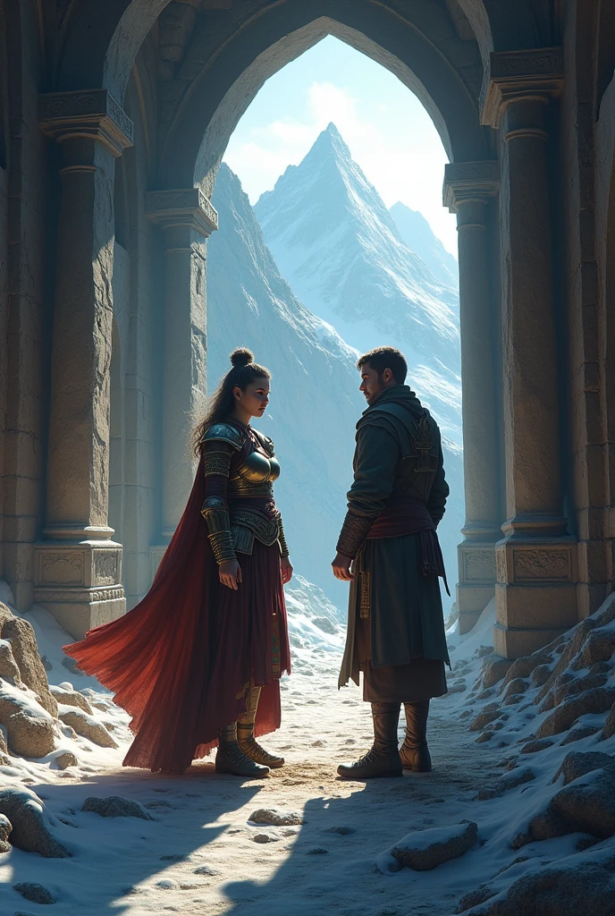  In a long-abandoned temple hidden deep within the mountains, a man stumbles upon a mysterious woman dressed in ancient warrior attire. Her armor glints under the torchlight, and her powerful presence demands respect. They exchange stories of their journeys, finding a deep bond in their shared solitude.