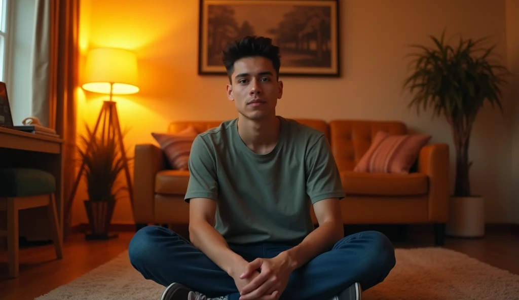 A highly realistic, high-contrast, 8K HD, detailed, hyper-detailed image of a single young man sitting on the floor in an American-style room, illuminated by warm, orange lighting. The room is cozy with modern furniture, and the atmosphere is relaxed as he sits comfortably on the floor, looking directly at the camera for a lip-sync video. His face is clearly visible with a neutral expression, and his hairstyle is distinct, making it easy to replicate in future scenes. The scene captures the intimate and focused setting of the man sitting confidently in the comfortable, inviting environment.