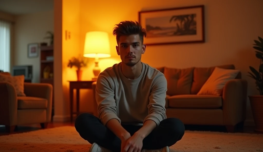 A highly realistic, high-contrast, 8K HD, detailed, hyper-detailed image of a single young man sitting on the floor in an American-style room, illuminated by warm, orange lighting. The room is cozy with modern furniture, and the atmosphere is relaxed as he sits comfortably on the floor, holding a drink in one hand, looking directly at the camera for a lip-sync video. His face is clearly visible with a neutral expression, and his hairstyle is distinct, making it easy to replicate in future scenes. The scene captures the intimate and focused setting of the man sitting confidently in the comfortable, inviting environment.