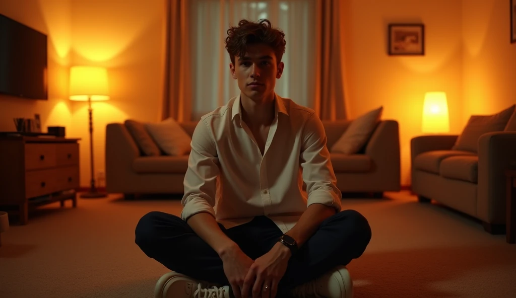 A highly realistic, high-contrast, 8K HD, detailed, hyper-detailed image of a single young man sitting on the floor in an American-style room, illuminated by warm, orange lighting. The room is cozy with modern furniture, and the atmosphere is relaxed as he sits comfortably on the floor, looking directly at the camera for a lip-sync video. His face is clearly visible with a neutral expression, and his hairstyle is distinct, making it easy to replicate in future scenes. The scene captures the intimate and focused setting of the man sitting confidently in the comfortable, inviting environment.