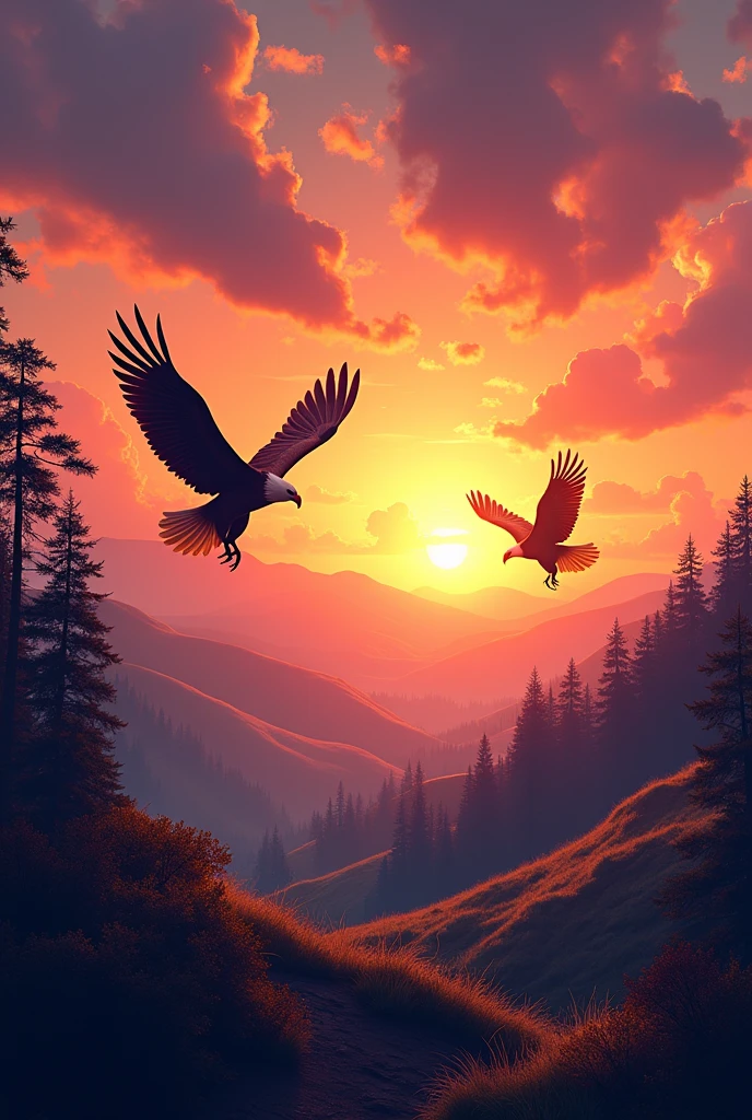 Sunset landscape with eagles