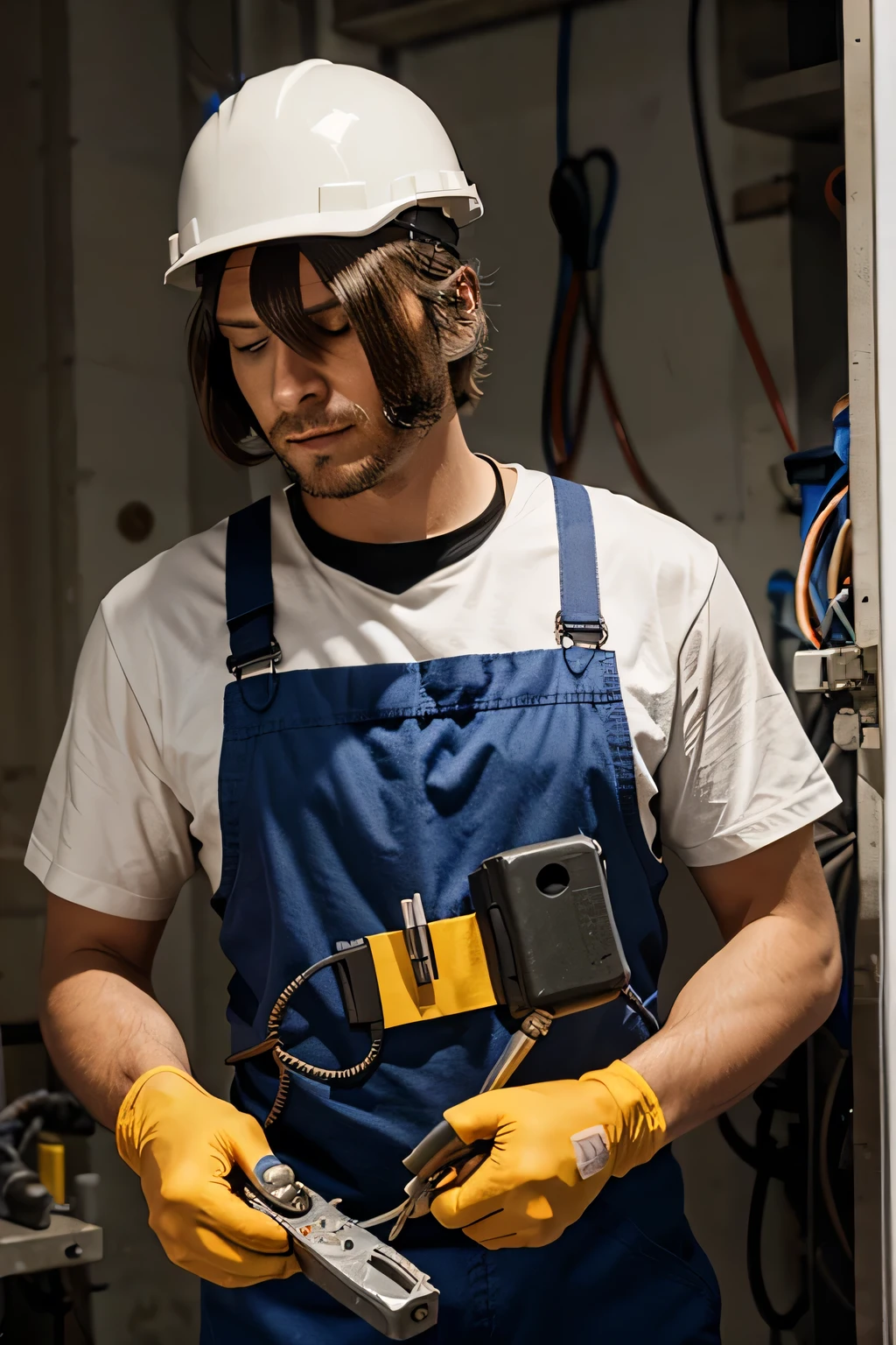 an electrician working on a panel with pliers 