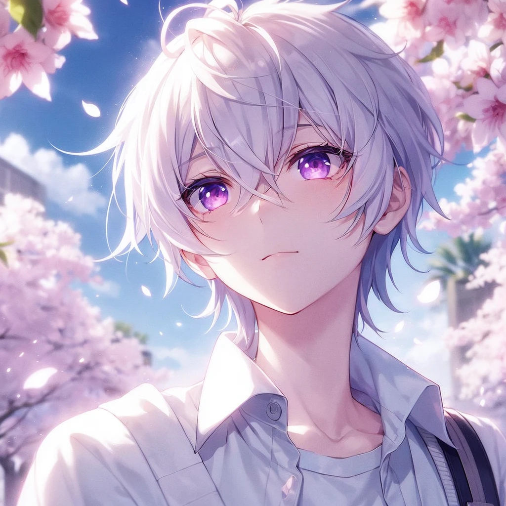 anime boy, White hair, purples eyes, White coat, white shirt, light blue pants, walking in Akihabara, day Of course, clouds, undefined, undefined, undefined, undefined, undefined, undefined, undefined,
