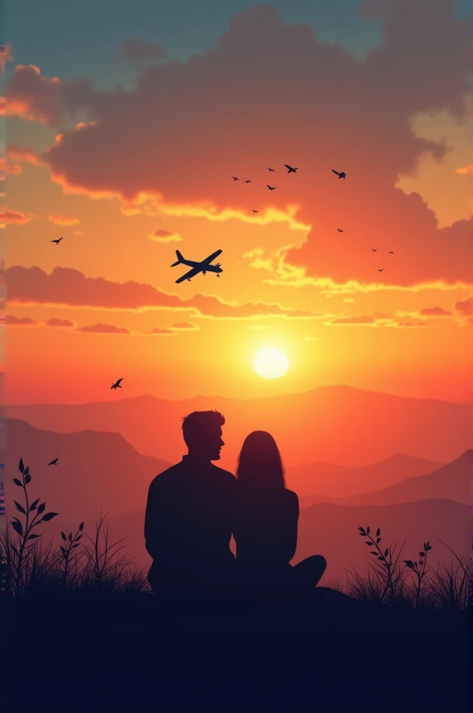 Couples sitting with airplane flyingat different color sunset in a on a beautiful hill top with birds flying