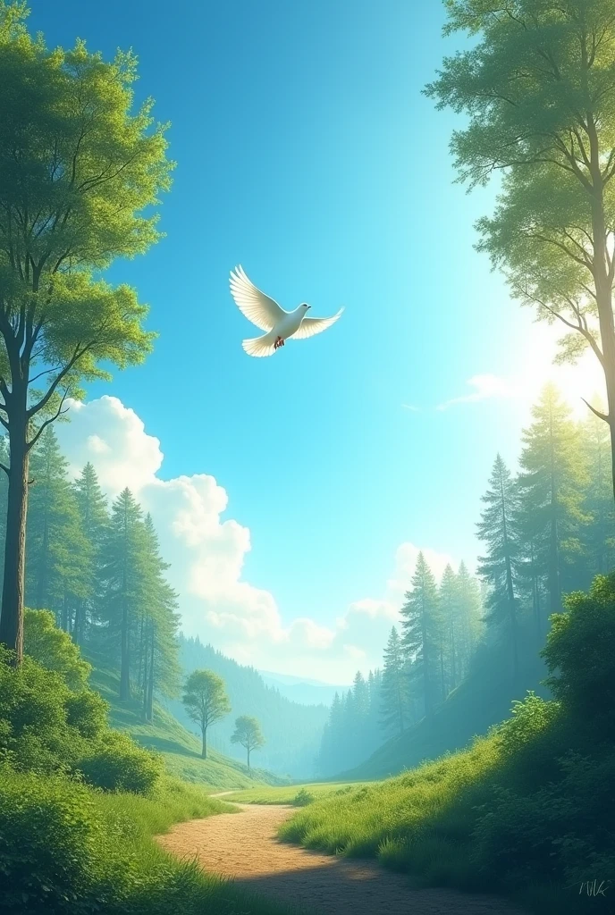 Landscape with a blue sky, forest and a dove flying in the sky