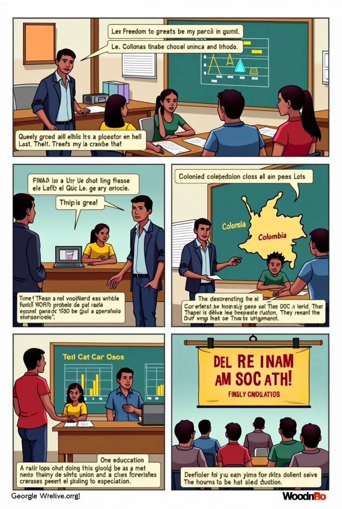 Clear! Here I present you an idea for a five-panel comic strip that explains the concept of freedom of association., the purposes of a union, Its classification and its importance for Colombian democracy.
Viñeta 1: Introduction to Freedom of Association

(scene: A group of workers está reunido en una oficina. A character with a blackboard explains something to others.)

character 1 (On the blackboard): “Today we are going to learn about freedom of association!” Text at the bottom: “Freedom of association is the right of workers to form, join and participate in unions.” Vignette 2: Purposes of a Trade Union

(scene: A group of workers, Now at a union meeting. A character is in front with graphs and documents.)

character 2: “its sindicatos buscan mejorar las condiciones laborales, Negotiate wages and defend workers&#39; rights.” Text at the bottom: “its principales fines de un sindicato incluyen: better salaries, working conditions and labour rights.” Vignette 3: Classification of Trade Unions

(scene: A map of Colombia divided into several regions with representative icons.)

character 3: “In Colombia, Trade unions are classified as national, regional and company.” Text at the bottom: “1. National Trade Unions: They cover the whole country.
2. Regional Trade Unions: They operate in a specific region.
3. Company Unions: They concentrate on a single company.” Vignette 4: Importance for Democracy

(scene: A character is in front of a group of citizens at a community meeting, with banners of “Democracy” and “Social Justice”.)

character 4: “its sindicatos son clave para una democracia saludable. They defend workers&#39; rights and encourage citizen participation.” Text at the bottom: “In a democracy, Trade unions ensure that labour rights are respected and that workers have a say in decision-making..” Vignette 5: Final Reflection

(scene: it