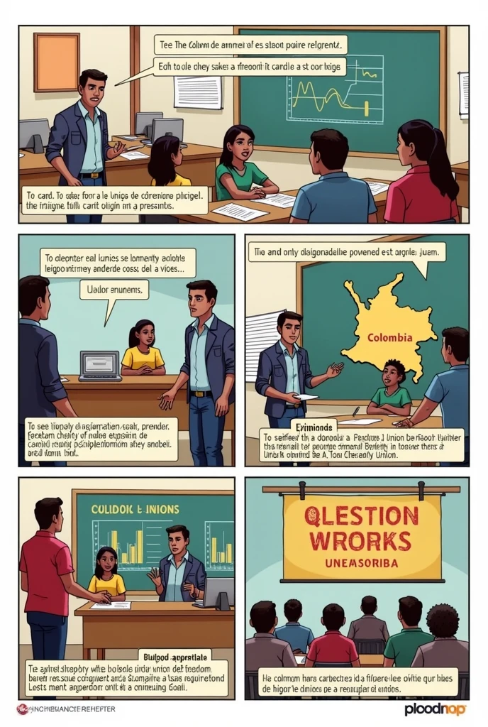 Clear! Here I present you an idea for a five-panel comic strip that explains the concept of freedom of association., the purposes of a union, Its classification and its importance for Colombian democracy.
Viñeta 1: Introduction to Freedom of Association
(scene: A group of workers está reunido en una oficina. A character with a blackboard explains something to others.)
character 1 (On the blackboard): “Today we are going to learn about freedom of association!” Text at the bottom: “Freedom of association is the right of workers to form, join and participate in unions.” Vignette 2: Purposes of a Trade Union
(scene: A group of workers, Now at a union meeting. A character is in front with graphs and documents.)
character 2: “its sindicatos buscan mejorar las condiciones laborales, Negotiate wages and defend workers' rights.” Text at the bottom: “its principales fines de un sindicato incluyen: better salaries, working conditions and labour rights.” Vignette 3: Classification of Trade Unions
(scene: A map of Colombia divided into several regions with representative icons.)
character 3: “In Colombia, Trade unions are classified as national, regional and company.” Text at the bottom: “1. National Trade Unions: They cover the whole country.
2. Regional Trade Unions: They operate in a specific region.
3. Company Unions: They concentrate on a single company.” Vignette 4: Importance for Democracy
(scene: A character is in front of a group of citizens at a community meeting, with banners of “Democracy” and “Social Justice”.)
character 4: “its sindicatos son clave para una democracia saludable. They defend workers' rights and encourage citizen participation.” Text at the bottom: “In a democracy, Trade unions ensure that labour rights are respected and that workers have a say in decision-making..” Vignette 5: Final Reflection
(scene: it