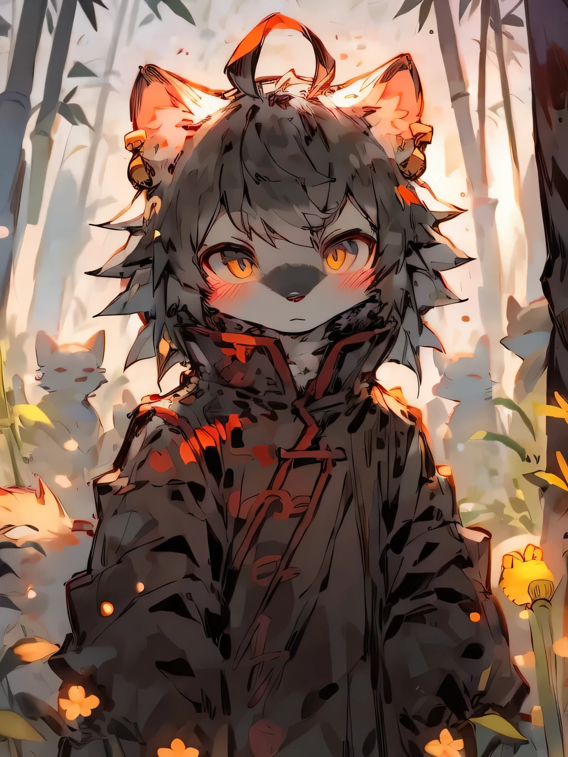 furry wolf black fur crimson pattern neck band black and gold bell winter bamboo forest traditional Chinese clothing low light night front view 蜜色瞳孔