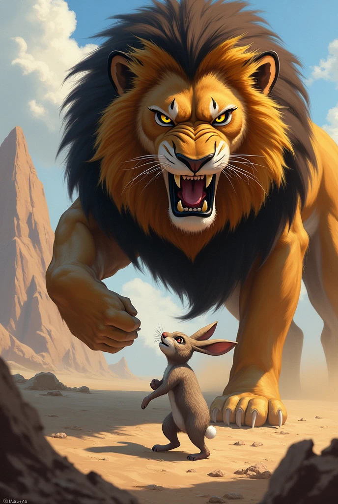 The angry lion roaring at the rabbit, demanding an explanation for the delay.