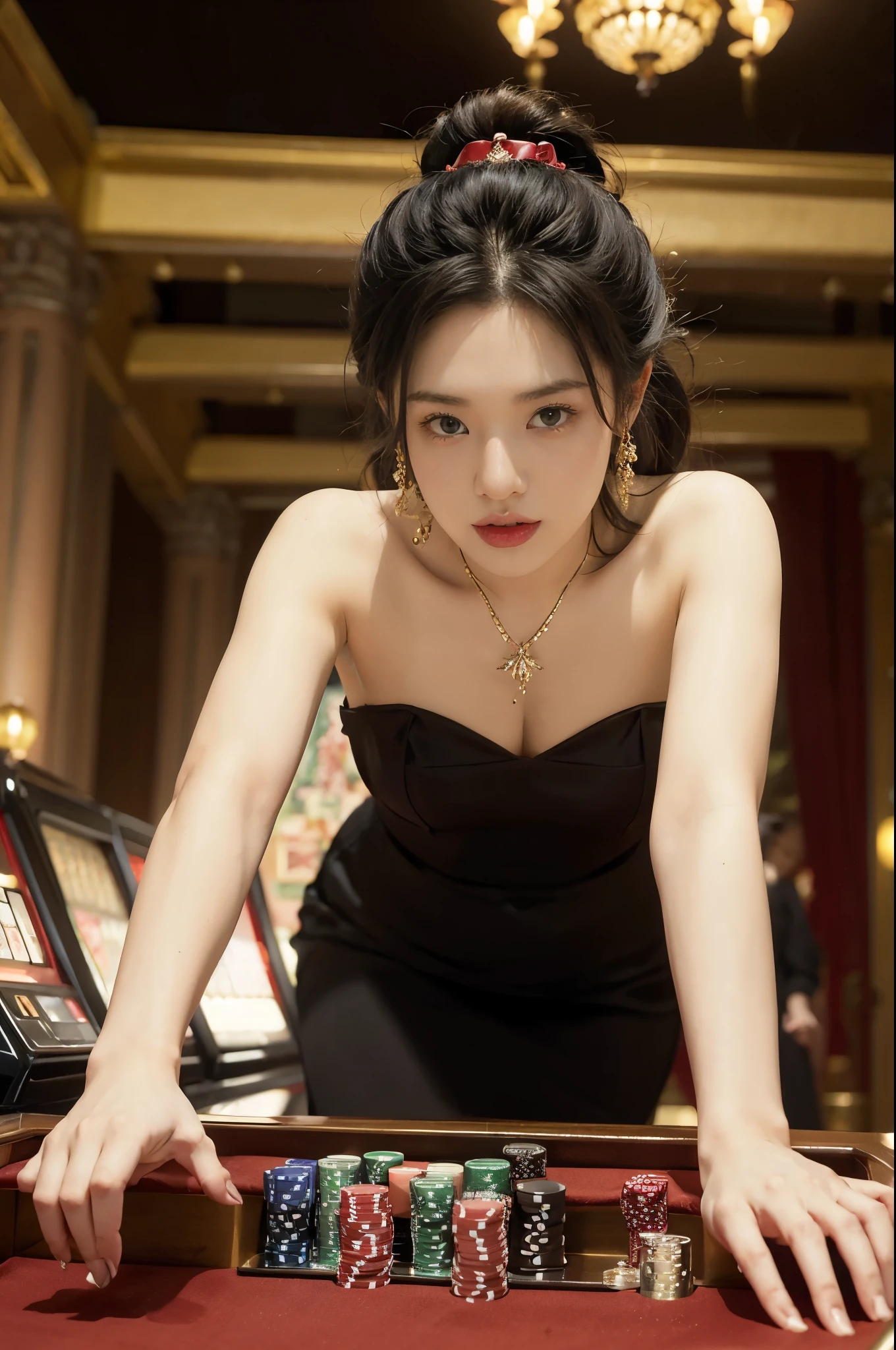 (((best quality))),(((ultra detailed))),(((masterpiece))),illustration,1girl,glamorous,black dress,seductive,alluring,curves,delicate shoulders,bright eyes,almond-shaped,enchanting gaze,deep red lips,matching nail color,sparkling earrings,dangle,delicate necklace,shimmering pendant,casino,dimly lit,mystery,excitement,smell of cigarettes,perfume,faint scent of money,expensive paintings,intricate patterns,wealth,rich red carpet,Gambling table, gambling tools,cards,dice,small stool,slot machine,bright lights,melodic sounds,confidence,sexuality,center of attention,object of desire,mystery,atmosphere,captivating,intriguing,hidden world,excitement,danger,seduction,standing,from front,upper body