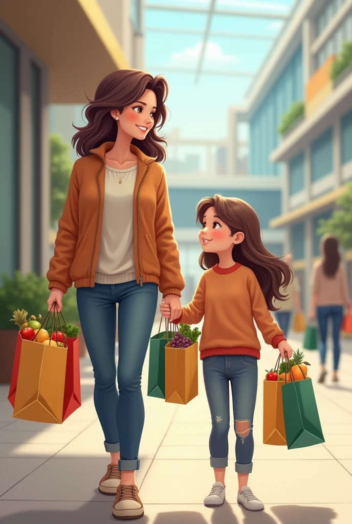 A middle-aged mother and young daughter are walking in front of a shopping mall. They have many shopping bags and fruits in their hands.