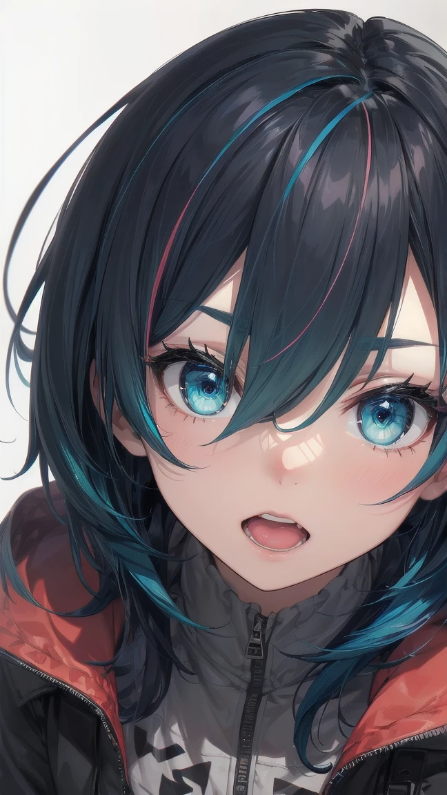 Close-up of a manga girl with blue hair and a yellow shirt, 2D Animation, 2D Animation style, 2D Art, 2D Art, 2D from Gorillaz, 2D from Gorillaz, 2D Gorillaz, Screaming Cerket, 2D Sprite, Jinx Face, short hair, Small breasts, hot pants, ((Black Hair, Inner bright blue hair:1.4)), Slanted Eyes
