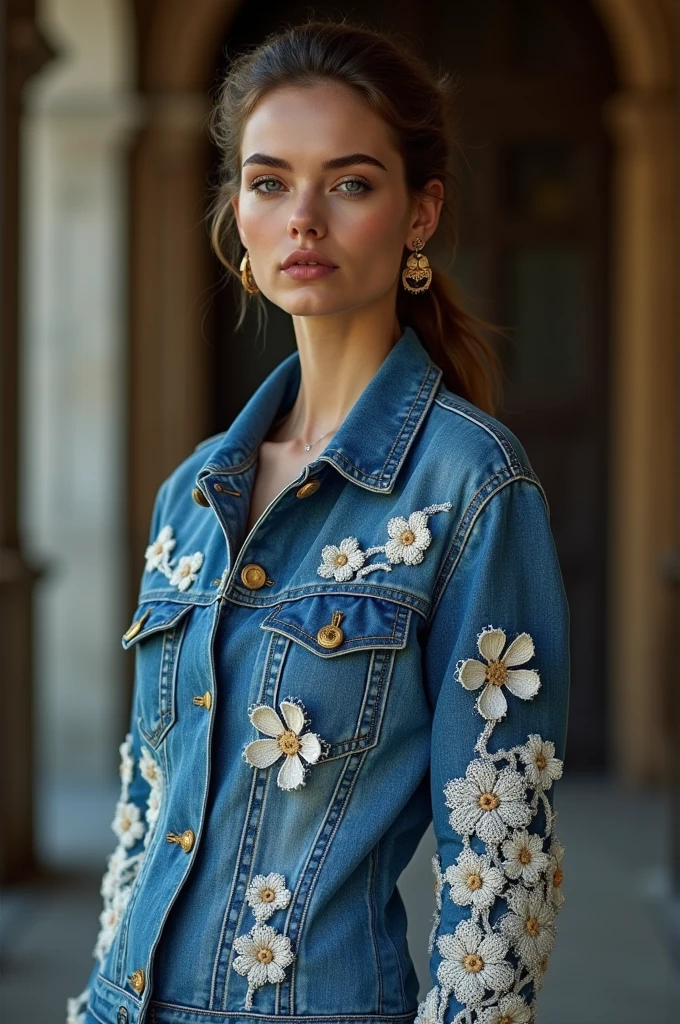 European woman model wearing denim jacket with crochet sleeves, crochet details. Luxurious and creative.