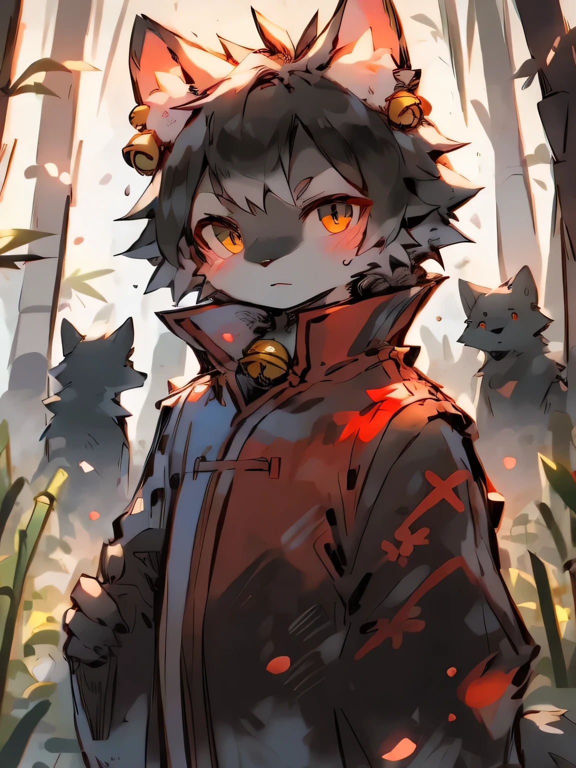 furry wolf black fur crimson pattern neck band black and gold bell winter bamboo forest traditional Chinese clothing low light night front view