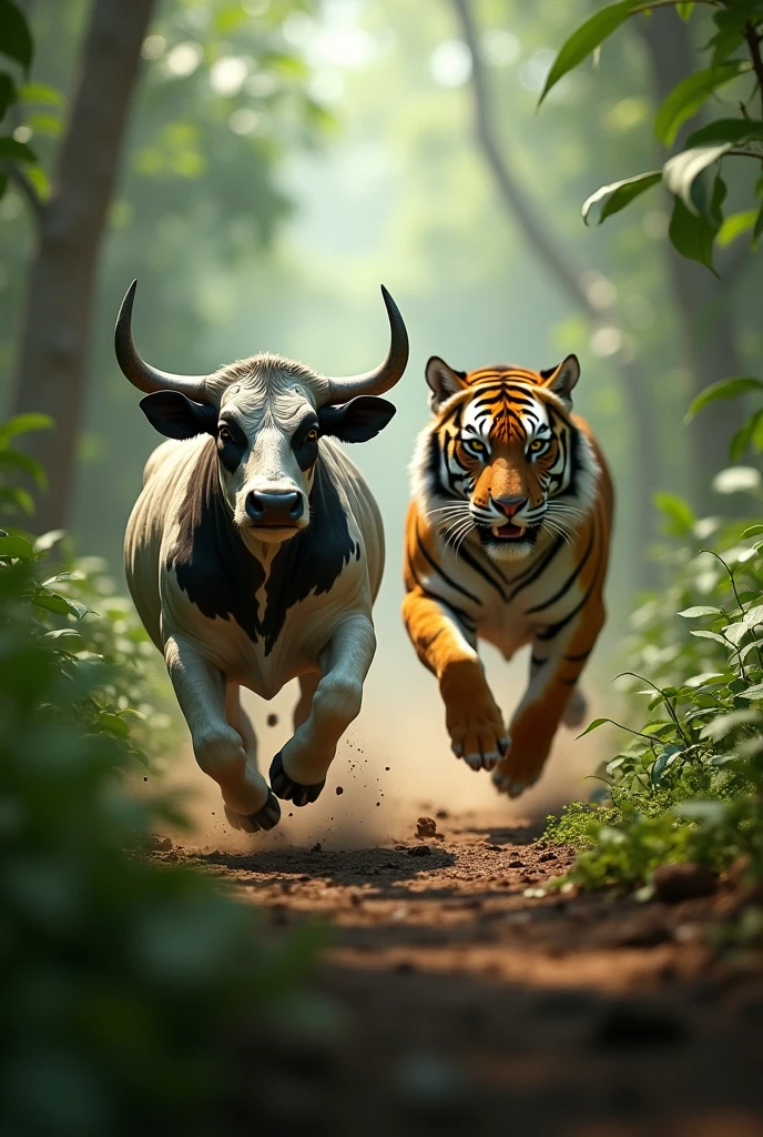 The cow is running frantically, with the tiger in close pursuit. The jungle surroundings blur as they speed through the dense vegetation.