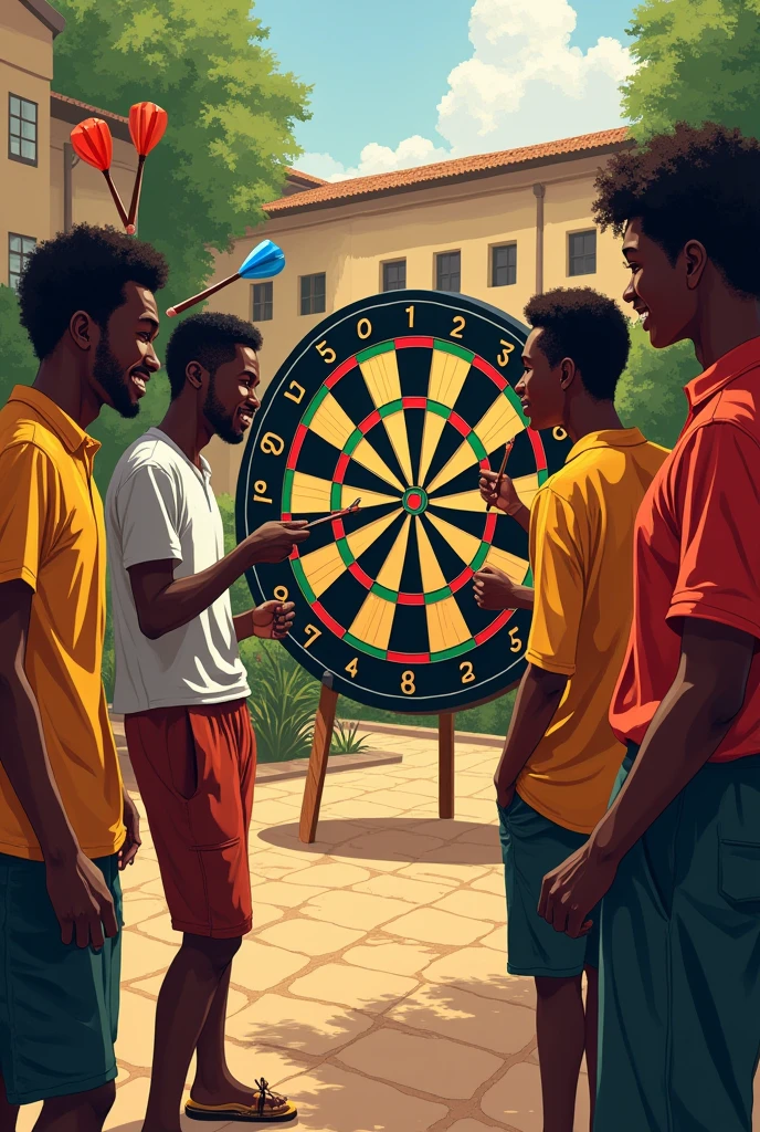 African University students playing darts standing. Image must be art style.
