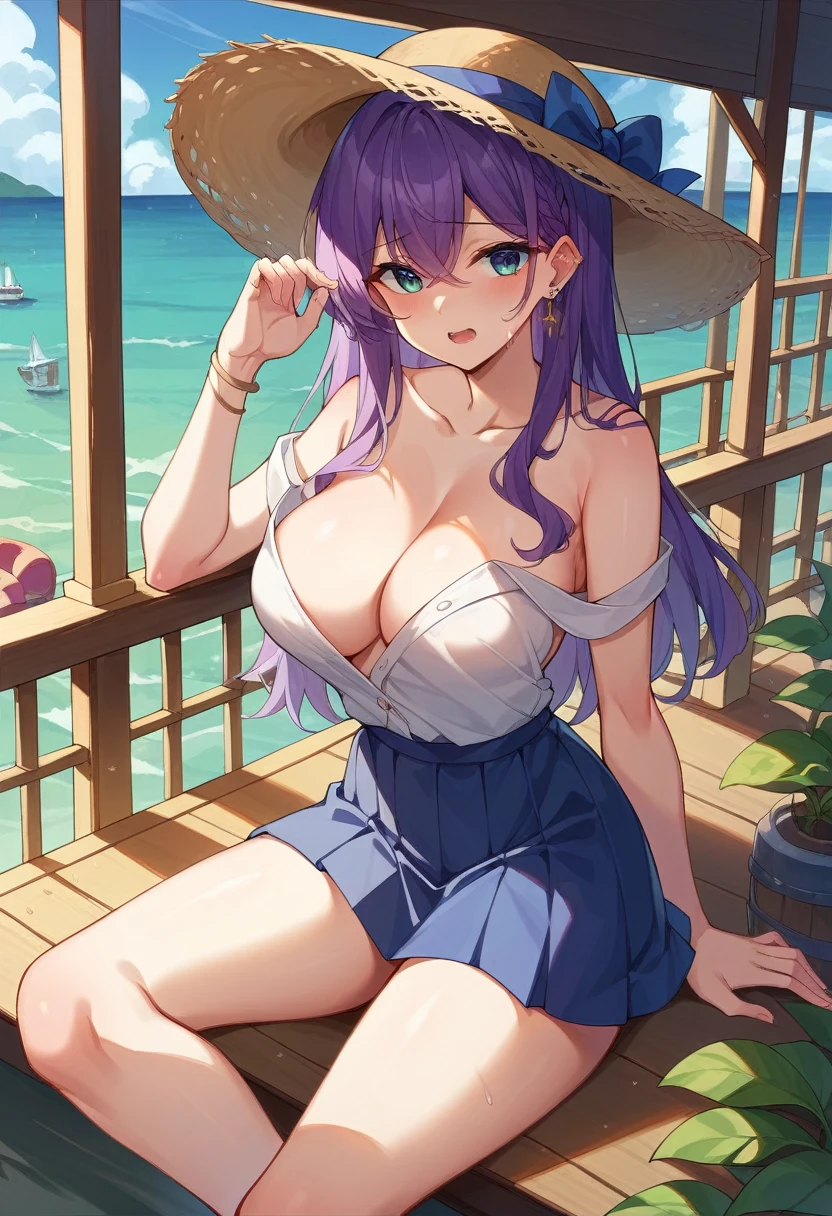 One Woman、semi-long、Purple Hair、Large Breasts、Wheat-colored naked、
Ocean賊の衣装、captain hat、mini skirt、
Ocean、On the boat、Ocean賊On the boat、On Deck