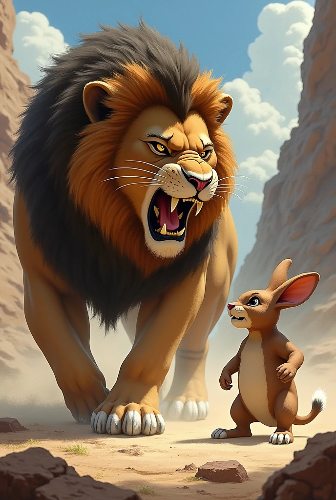 The angry lion roaring at the rabbit, demanding an explanation for the delay.