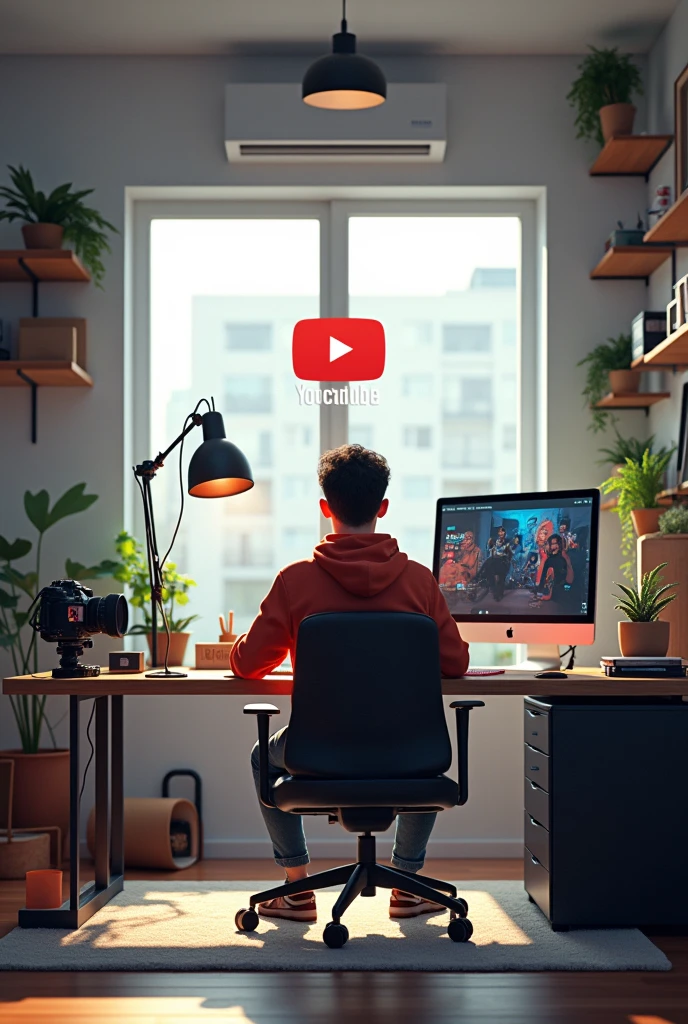 content creater in room , youtube button on the wall
with 10000 subscribe button