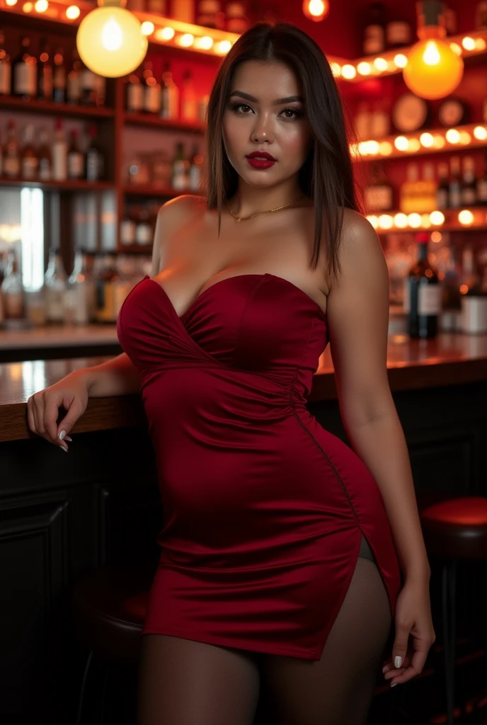 Canadian woman, 20 years old, brown straight hair side hairstyle, very Big bust, posing from side in photo in fullbody, Very open and sleeveless Dark red strapless dress, long plissada skirt, black pantyhose, high heels, standing in a Bar, detailed face