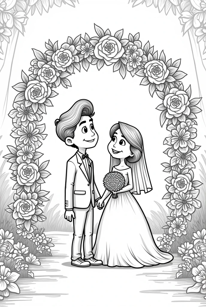 A line art for a children's coloring book with a Pixar-style wedding theme of flower arch where the bride and groom could get married. It can include lots of flowers and details such as bows and garlands.