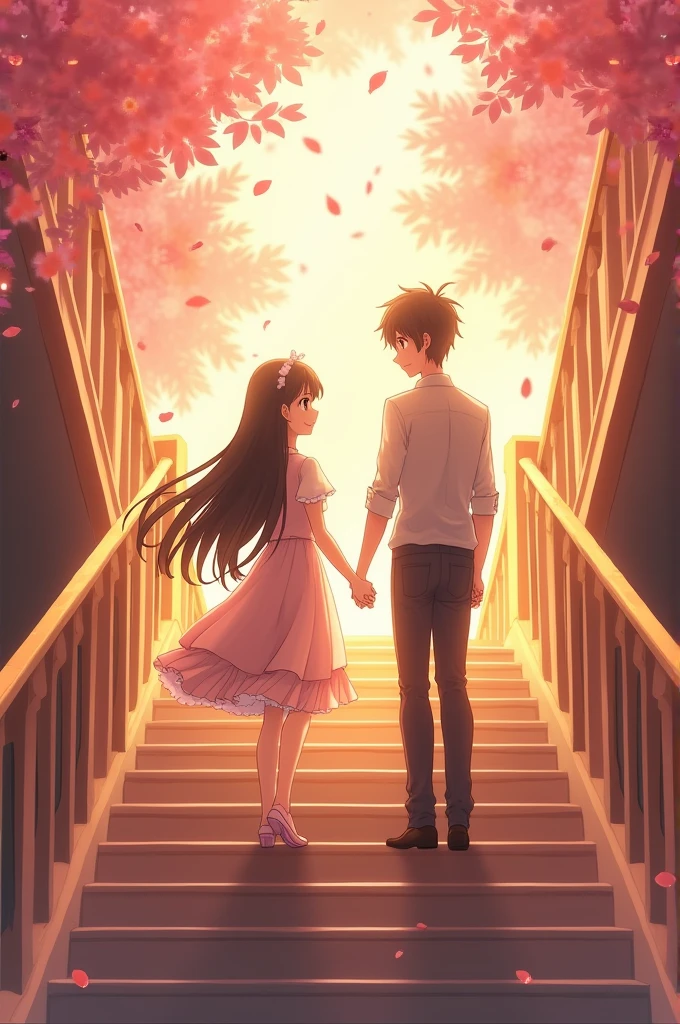 anime girl walking up stairs from behind holding hands with guy on the right