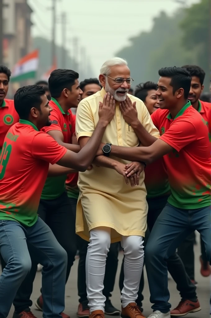 Students wearing Bangladeshi jerseys are beating Indian Prime Minister Modi.