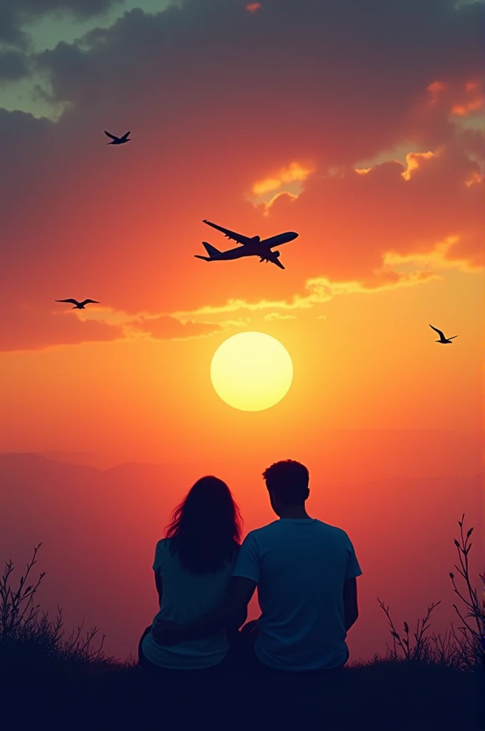 Couples sitting with airplane flyingat different color sunset in a on a beautiful hill top with birds flying
