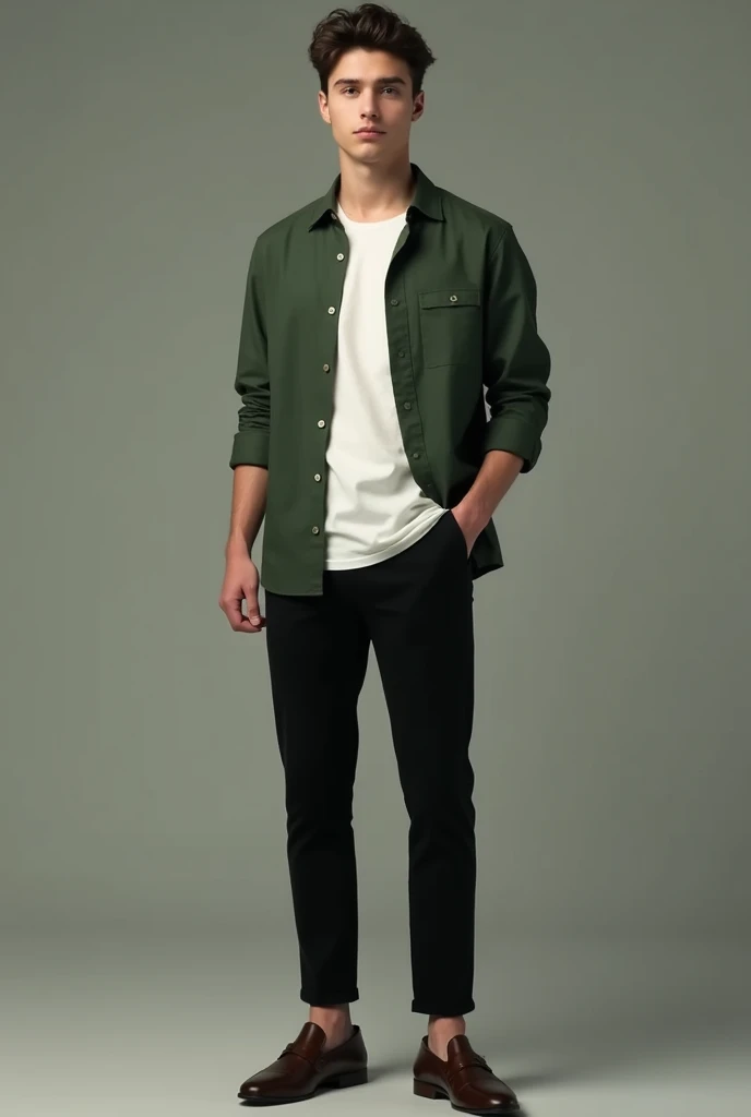 image: A slightly dark green shirt, White T-shirt inside, Black trousers, loafers,masterpiece,detailed,whole body,Young Man