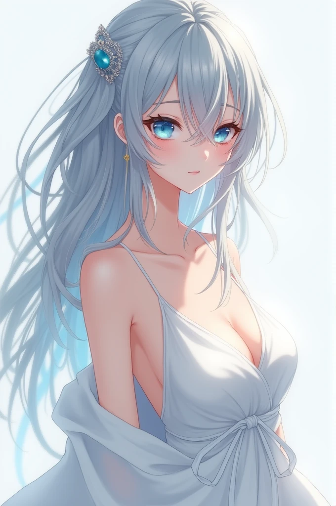 Generates anime woman with blue eyes, silver hair and white