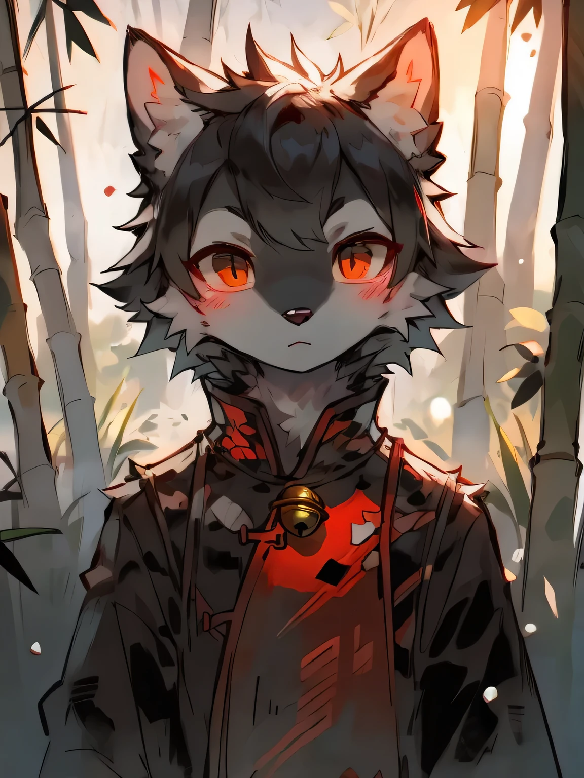 furry wolf black fur crimson pattern neck band black and gold bell winter bamboo forest traditional Chinese clothing low light night front view