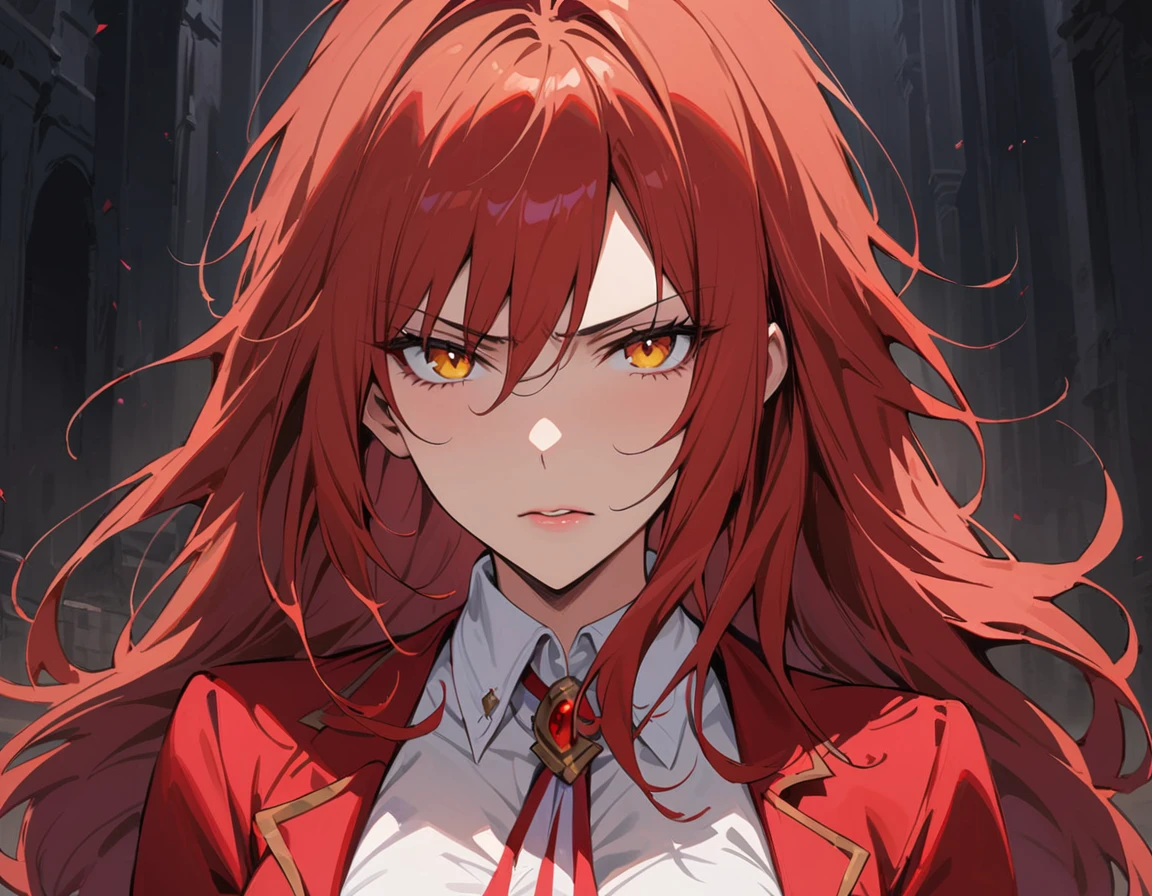 Long red hair, yellow eyes, evil, sexy, black and red clothes, tied hair, cute hairstyle, evil face, evil, serious look, gloss lips, sit, sinister, front look, bloody, gloves, beautiful eyes, short dress, big white, dark place, night, sensual, straigh hair cut, clear skin, evil, young 30 years girl, adult girl, solo, red, very long hair, HAIR DOWN, ANKLE LENGTH HAIR, FIERCE EXPRESSION, villain, handsome older WOMAN，crimson-eyes，crimson pupils，Long CRIMSONhair，Hyperresolution，accuracy，Detailed rendering，（Subtle facial image）（Image of fine hair）（topquality）（Masterpieces of masters）（High degree of completeness）（A sense of atmosphere）tmasterpiece，Super detailed and super detailed（portrait))(((Mature woman))) (((Villain))) (((Older female)))(((half body view)))(((Soft expression)))