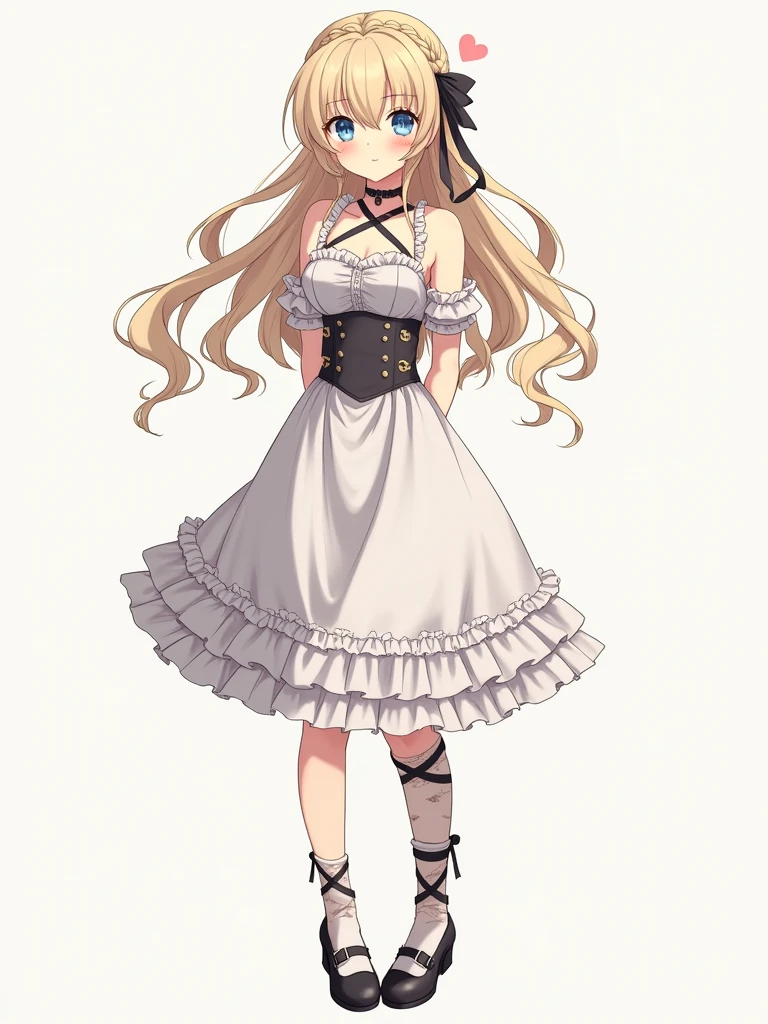 HiroyaOku2023, manga,, Ultra detailed, masterpiece, Best quality, One, soft smile, slight smile,
1 girl, Blue eyes, Very long hair, blonde hair, long blonde hair, french braid, bang, medium breast,
hair ribbon, Ruffled Choker, criss-cross halter, sleeveless dress, High-waisted Skirt, backless dress, waist bow, cut off sleeves, frilled sleeves, wide sleeves, tights, patterned stockings, Mary Janes, handcuffs, hands behind your back, hands together, tied legs, legs in ropes