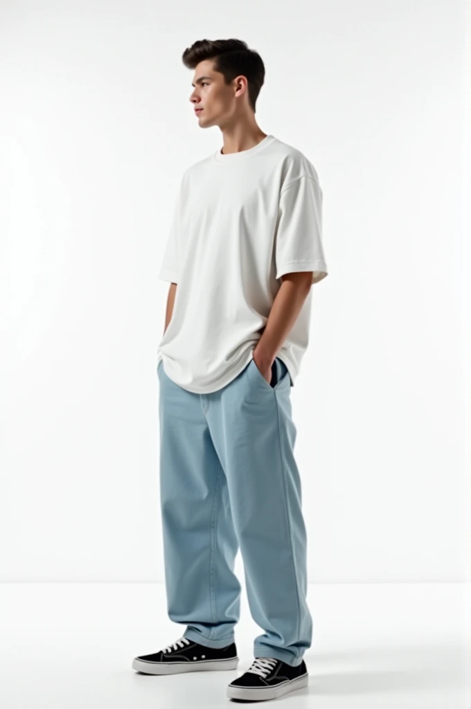 Larger clothes, Plain white t-shirt, Light blue wide jeans, Black Buns Sneakers, male, Stroked back, front, whole body, Pure white background,dynamic