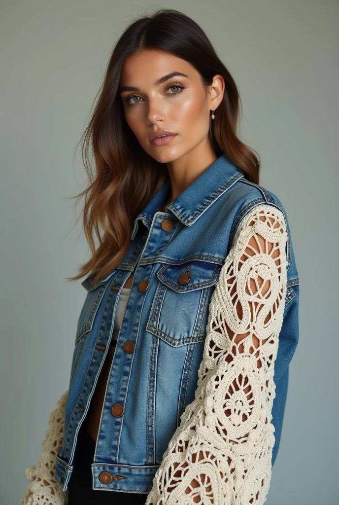 European woman model wearing denim jacket with crochet sleeves. Luxurious and creative.