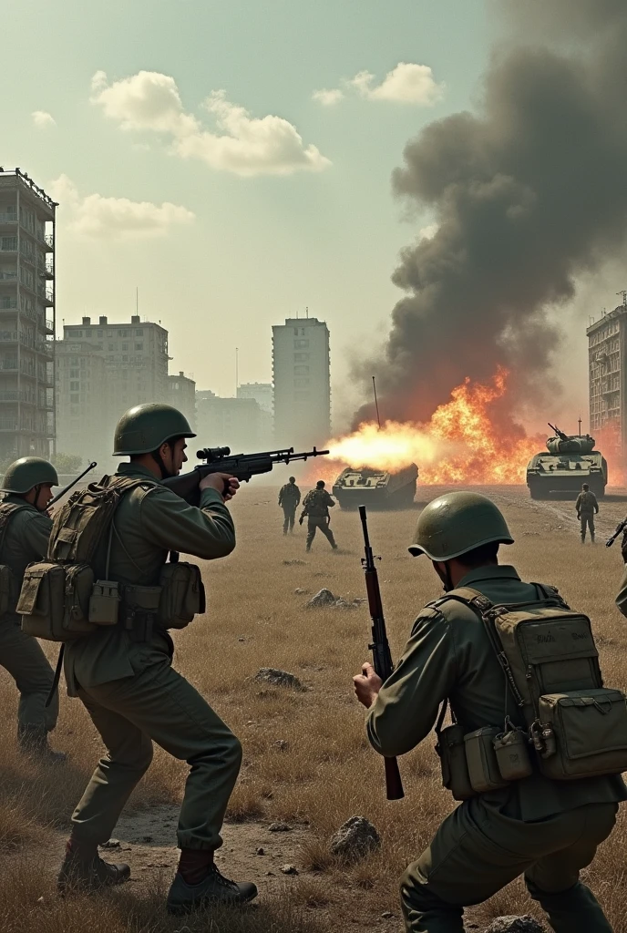 wide-shot, action, war photography of (wwone:1), (TwinRealms:1) "A soldier's face reflects the haunting reality of war", "The aftermath of a bombing, captured in a single frame", "The bravery of war journalists, capturing the truth", "Civilians flee from the destruction of their city", "The fear and desperation of a war-torn society", "The toll of war on the human spirit", "The unspoken story behind every war photograph", "The scars of war etched into the landscape", "The search for hope in the chaos of conflict", "The power of a single image to inspire change"