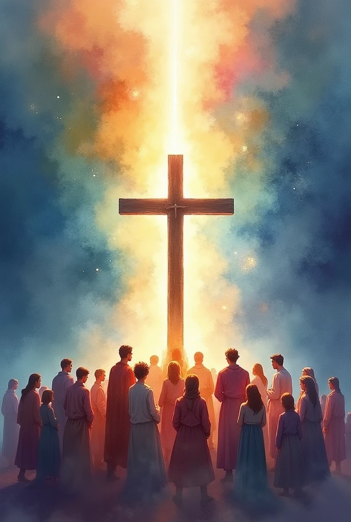 Watercolor:1.5"Generate an AI-powered image summarizing the message of John 3:16. Envisioning a World Illuminated by God's Love, With a dazzling light that pierces the darkness. At the center of this awe-inspiring sight, cross描いた, Symbolizes the sacrifice of God's only begotten Son. cross、Diverse and united people from all walks of life々Group of, Representing the Inclusivity of God's Love. This image is、It should convey a deep sense of relief., Grace, And the promise of eternal life."