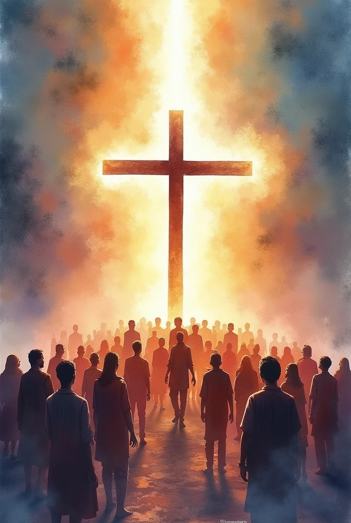 Watercolor:1.5"Generate an AI-powered image summarizing the message of John 3:16. Envisioning a World Illuminated by God's Love, With a dazzling light that pierces the darkness. At the center of this awe-inspiring sight, cross描いた, Symbolizes the sacrifice of God's only begotten Son. cross、Diverse and united people from all walks of life々Group of, Representing the Inclusivity of God's Love. This image is、It should convey a deep sense of relief., Grace, And the promise of eternal life."