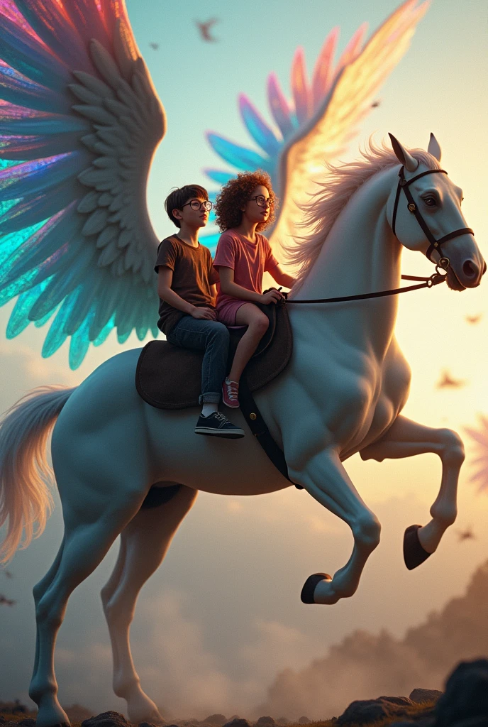 Mrs. Whatsit turn into beautiful horse with colourful wings. On the back of the horse , Meg the girl wearing glasses with curly brown hair, a boy and thin boy